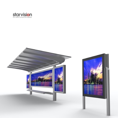 Advertising City Light Bus Stop Shelter Galvanized Steel For Media Solution
